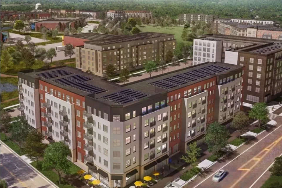 A conceptual rendering of a large development, with several buildings of about 7 or 8 stories high surrounding an open green space.